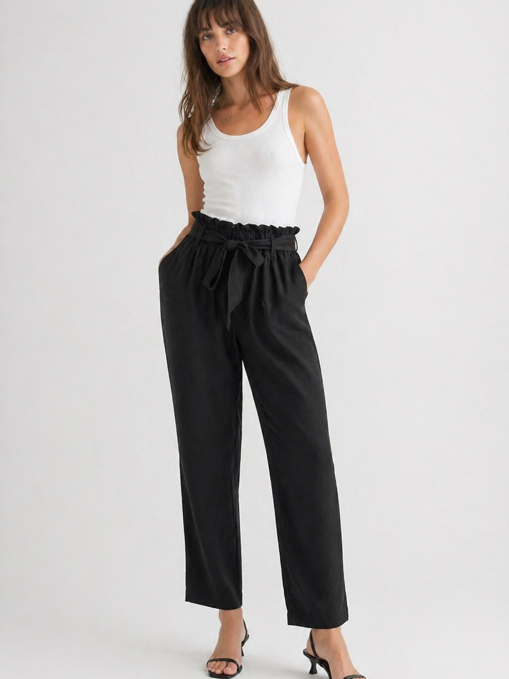 H&M Black Paperbag-Waist Wide-Leg Trousers | Size 8